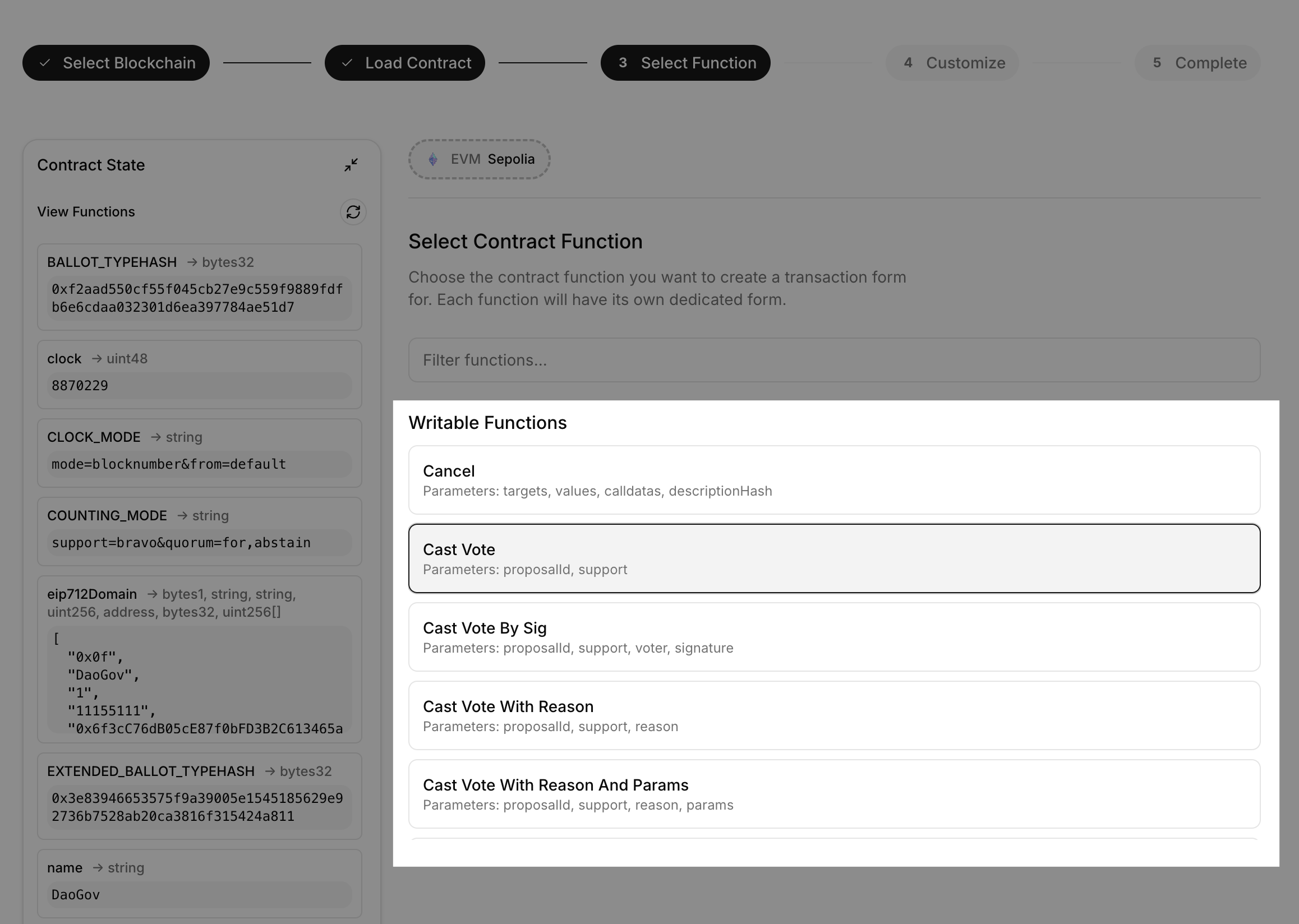 Functions select interface